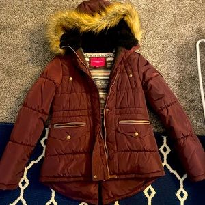 Maroon bomber jacket with fur hood